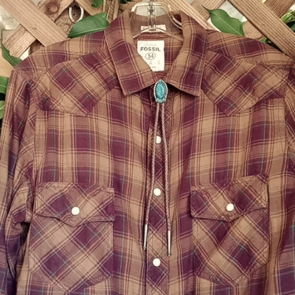 Fossil Western Shirt 100% Cotton Long Sleeve, Size S Plaid, Pearl Snaps Like New